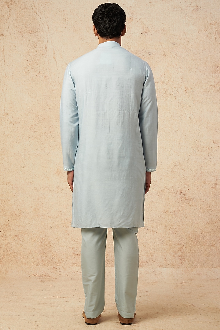 Teal Moonga Silk Mirror Hand Embroidered Kurta Set by AMIT ARORA at Pernia's Pop Up Shop
