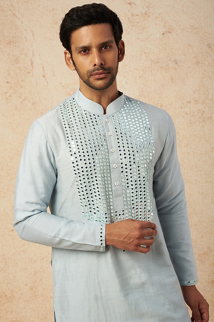 Teal Moonga Silk Mirror Hand Embroidered Kurta Set by AMIT ARORA at Pernia's Pop Up Shop