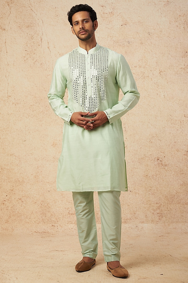 Mint Silk Embroidered Kurta Set by AMIT ARORA