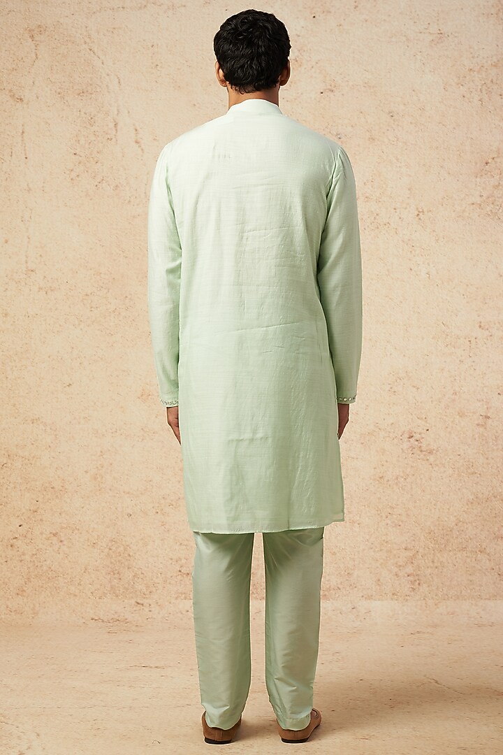 Mint Moonga Silk Hand Embroidered Kurta Set by AMIT ARORA at Pernia's Pop Up Shop