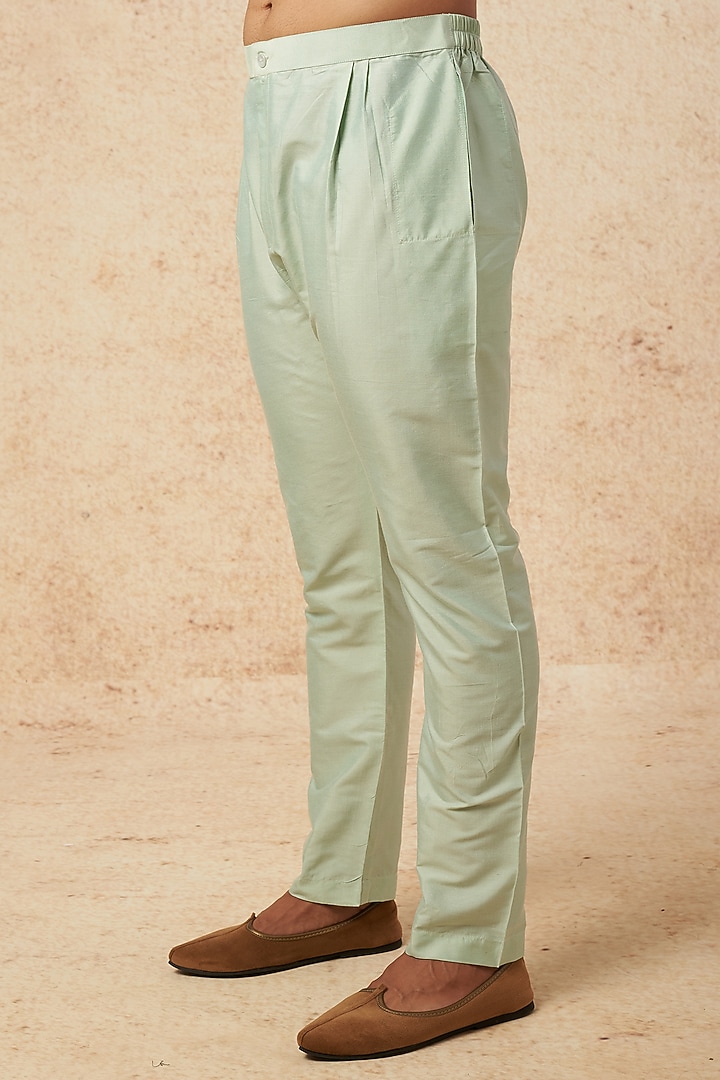 Mint Moonga Silk Hand Embroidered Kurta Set by AMIT ARORA at Pernia's Pop Up Shop