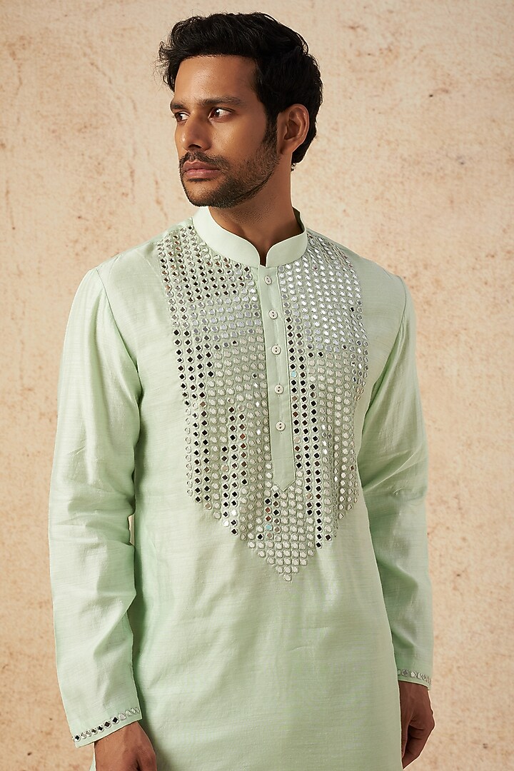 Mint Moonga Silk Hand Embroidered Kurta Set by AMIT ARORA at Pernia's Pop Up Shop