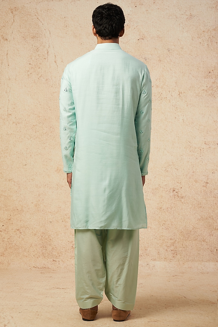 Mint Green Moonga Silk Embroidered Kurta Set by AMIT ARORA at Pernia's Pop Up Shop