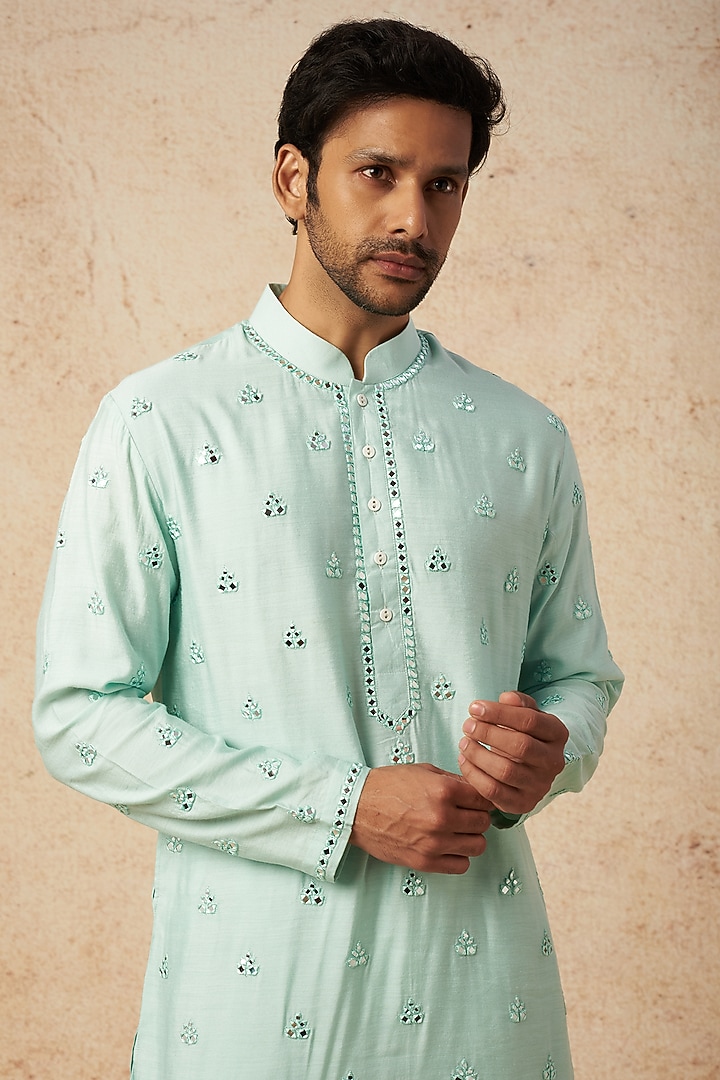 Mint Green Moonga Silk Embroidered Kurta Set by AMIT ARORA at Pernia's Pop Up Shop