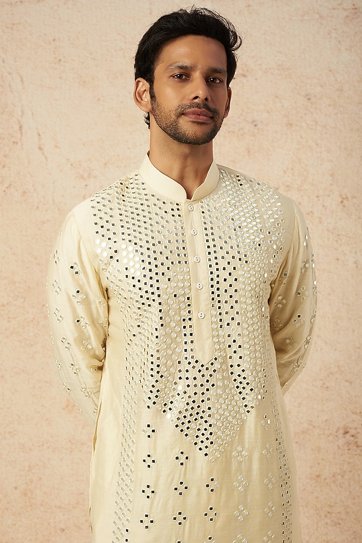 Lime Moonga Silk Mirror Hand Embroidered Kurta Set by AMIT ARORA at Pernia's Pop Up Shop