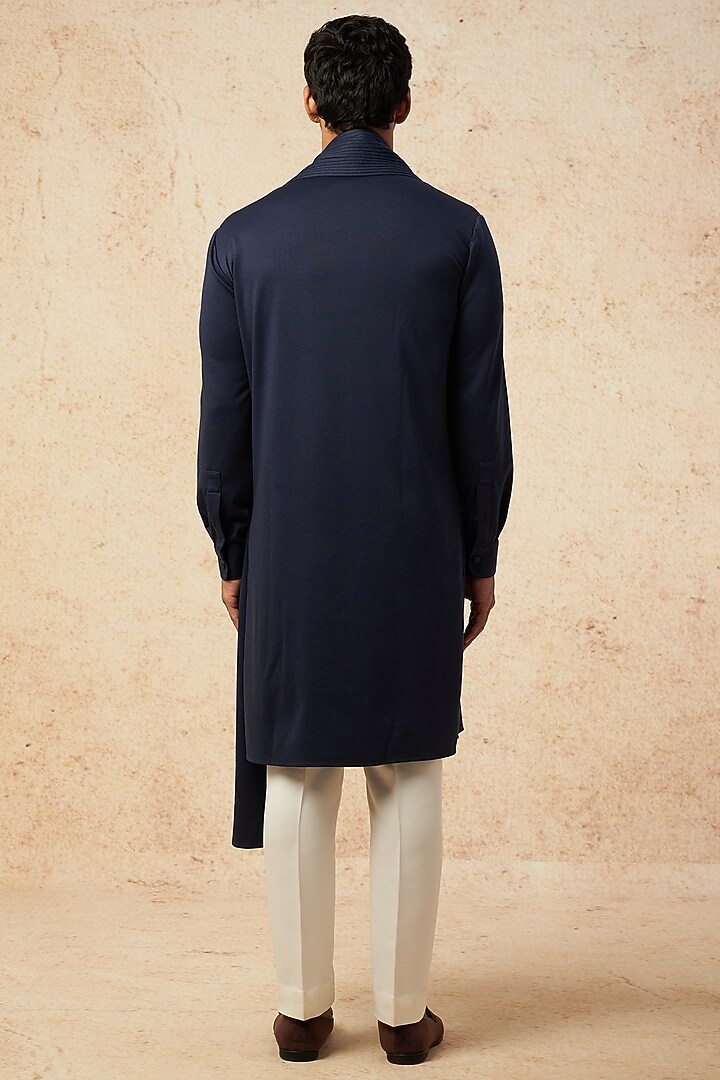 Navy Blue Cotton Knit Hand Embroidered Kurta by AMIT ARORA at Pernia's Pop Up Shop