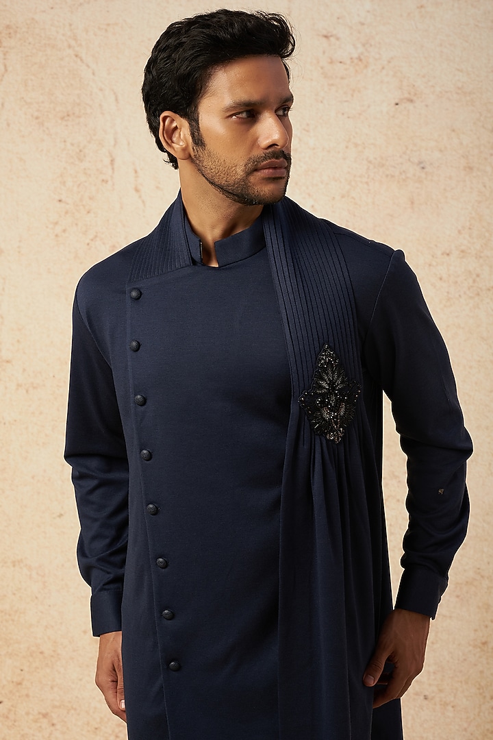 Navy Blue Cotton Knit Hand Embroidered Kurta by AMIT ARORA at Pernia's Pop Up Shop