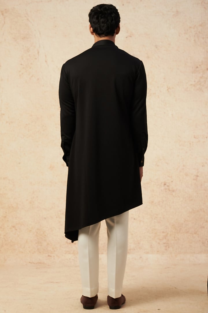 Black Cotton Knit Hand Embroidered Angrakha Kurta by AMIT ARORA at Pernia's Pop Up Shop