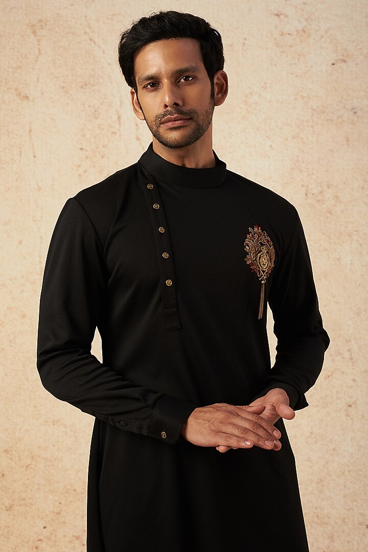 Black Cotton Knit Hand Embroidered Angrakha Kurta by AMIT ARORA at Pernia's Pop Up Shop