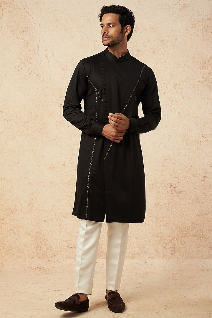 Black Cotton Knit Embroidered Kurta by AMIT ARORA