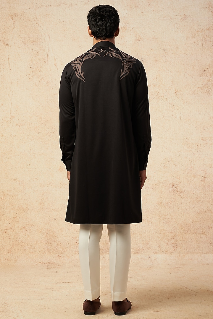 Black Cotton Knit Hand Embroidered Angrakha Kurta by AMIT ARORA at Pernia's Pop Up Shop
