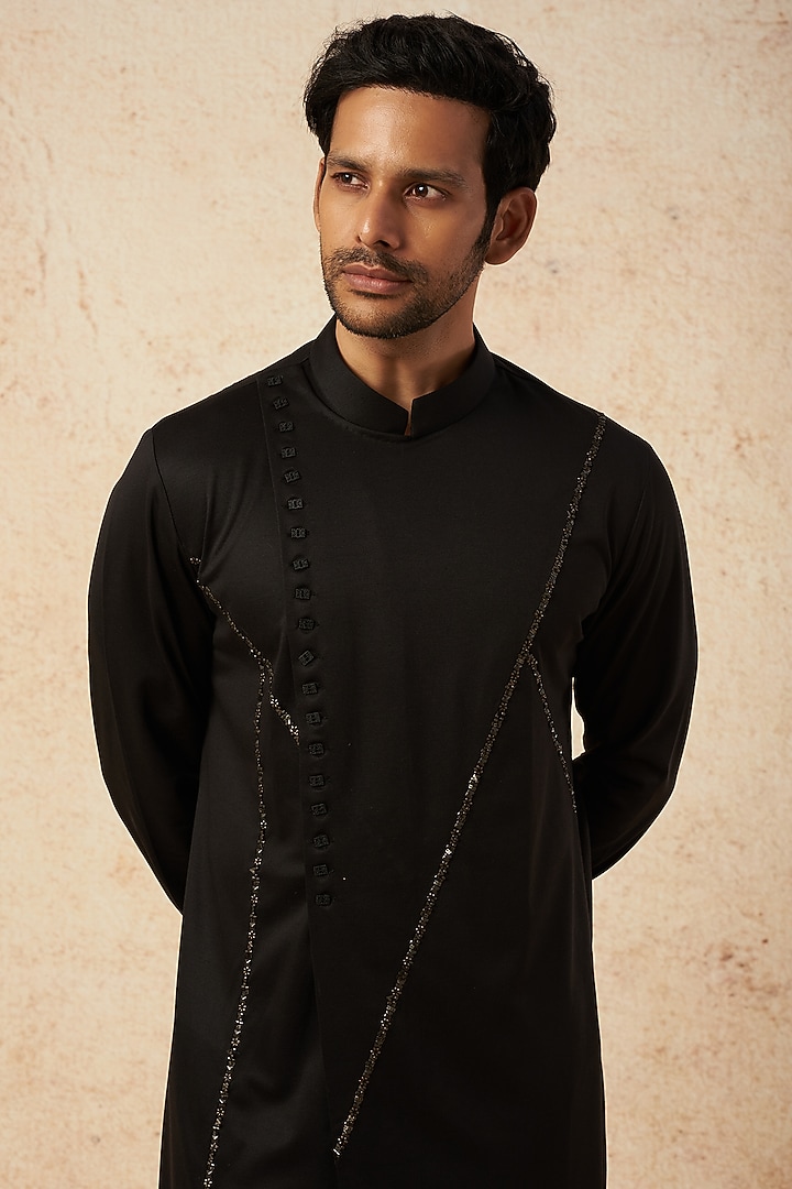 Black Cotton Knit Hand Embroidered Angrakha Kurta by AMIT ARORA at Pernia's Pop Up Shop