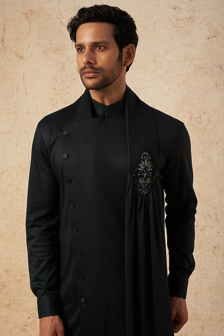 Black Cotton Knit Hand Embellished Kurta by AMIT ARORA at Pernia's Pop Up Shop