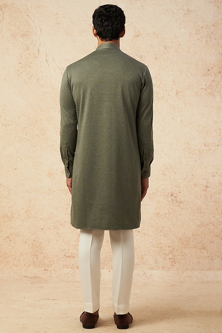 Olive Cotton Knit Hand Embroidered Angrakha Kurta by AMIT ARORA at Pernia's Pop Up Shop