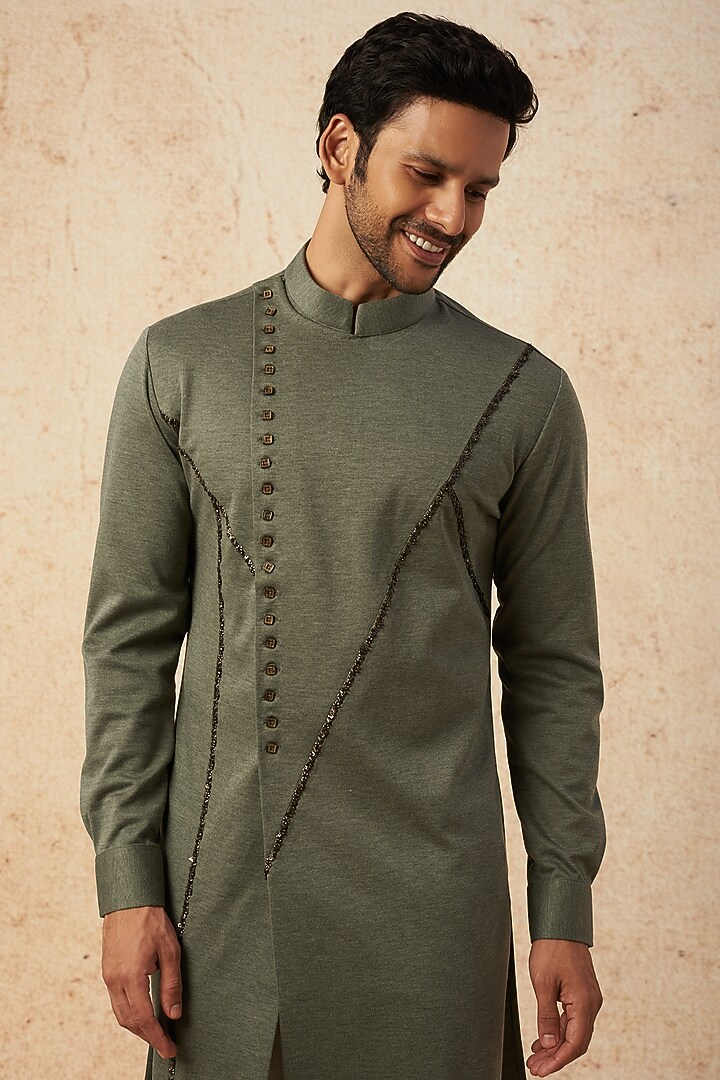 Olive Cotton Knit Hand Embroidered Angrakha Kurta by AMIT ARORA at Pernia's Pop Up Shop