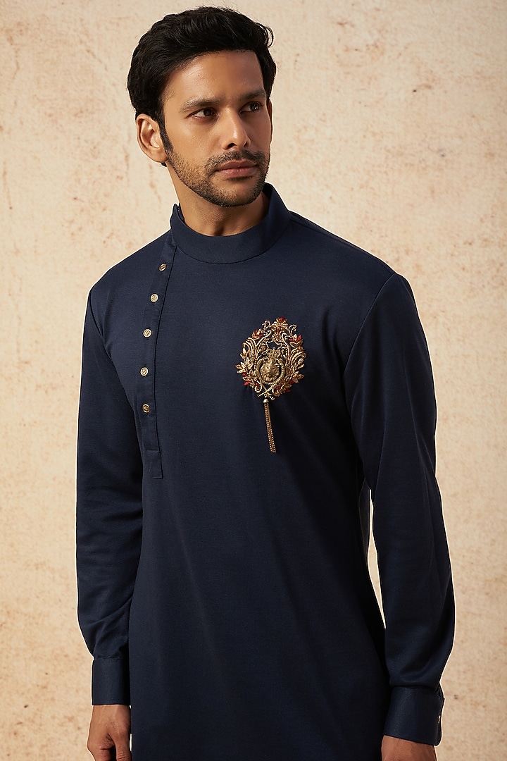 Navy Blue Cotton Knit Hand Embroidered Kurta by AMIT ARORA at Pernia's Pop Up Shop