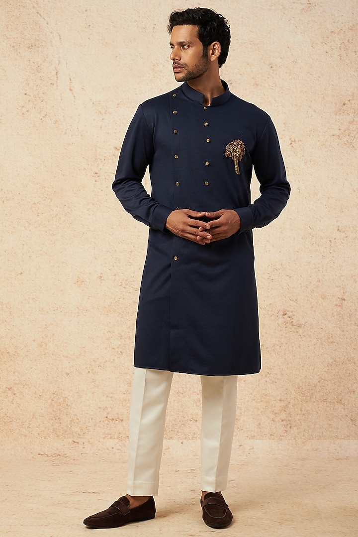 Navy Blue Cotton Knit Hand Embroidered Kurta by AMIT ARORA at Pernia's Pop Up Shop