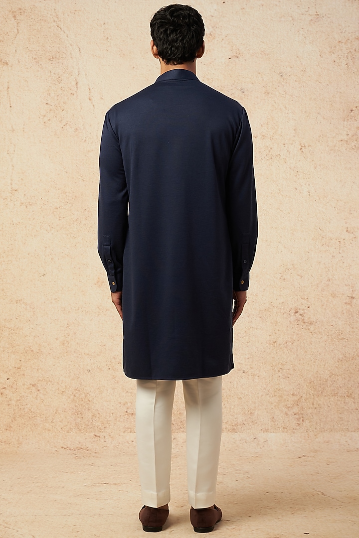 Navy Blue Cotton Knit Hand Embroidered Kurta by AMIT ARORA at Pernia's Pop Up Shop