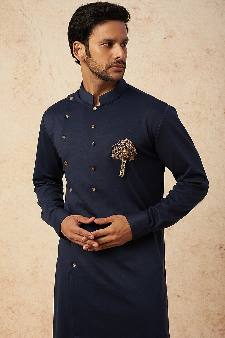 Navy Blue Cotton Knit Hand Embroidered Kurta by AMIT ARORA at Pernia's Pop Up Shop
