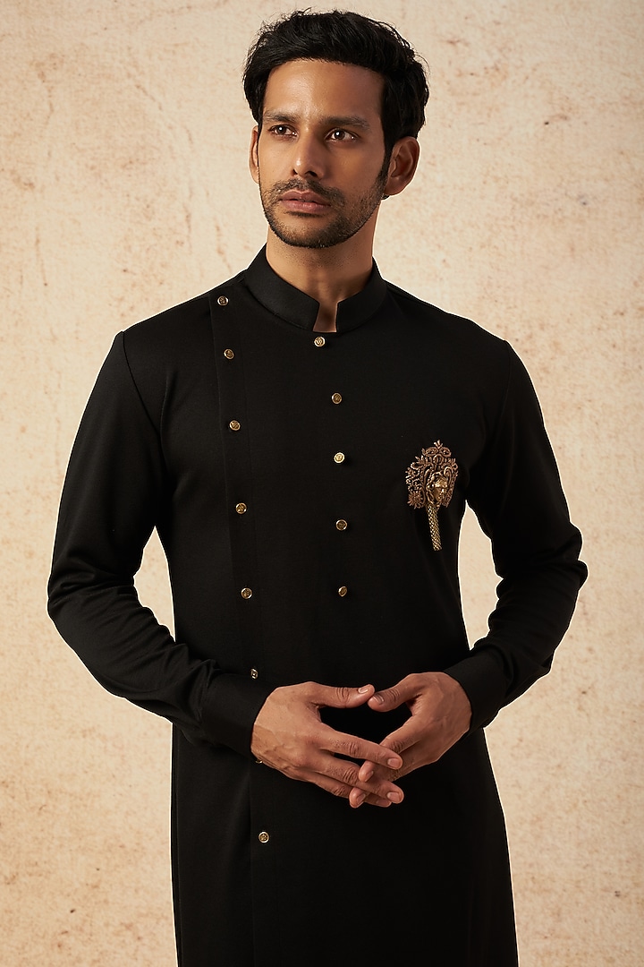 Black Cotton Knit Zardosi Embroidered Kurta by AMIT ARORA at Pernia's Pop Up Shop