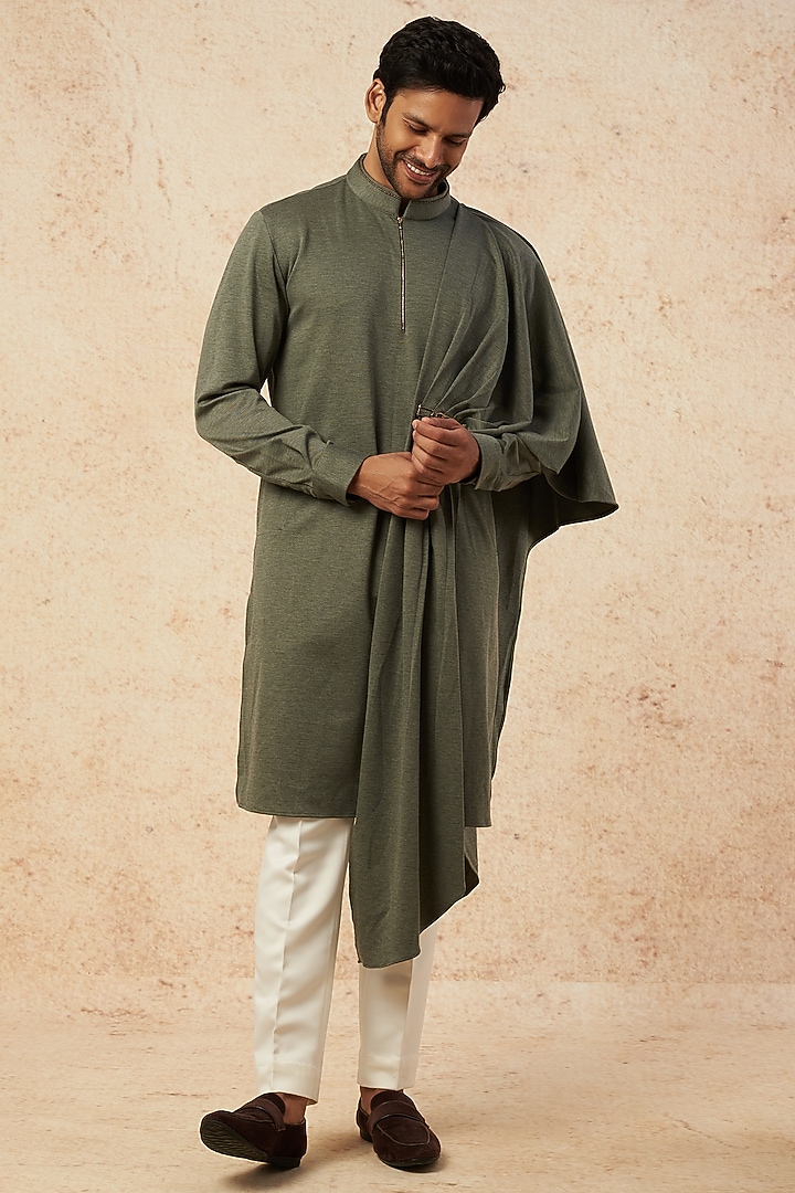 Olive Cotton Knit Embellished Kurta by AMIT ARORA at Pernia's Pop Up Shop