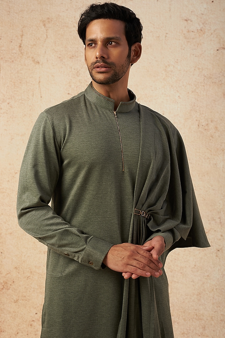 Olive Cotton Knit Embellished Kurta by AMIT ARORA at Pernia's Pop Up Shop