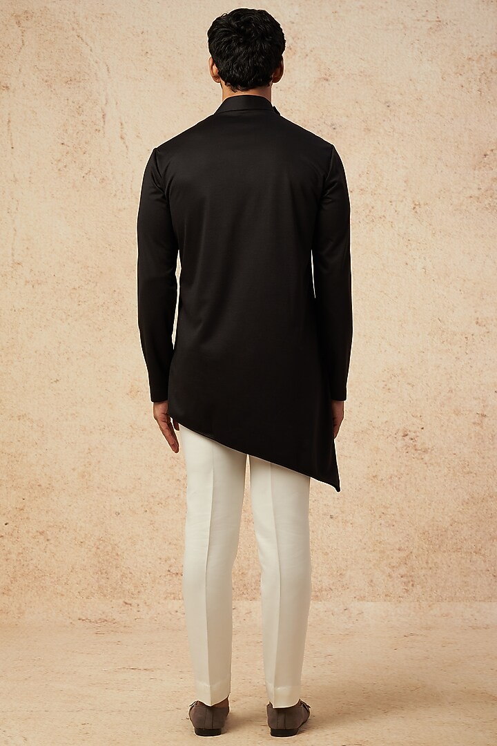 Black Cotton Knit Asymmetric Kurta by AMIT ARORA at Pernia's Pop Up Shop