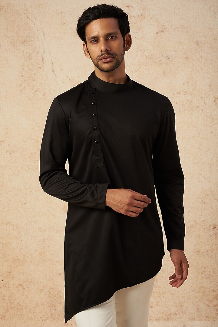 Black Cotton Knit Asymmetric Kurta by AMIT ARORA at Pernia's Pop Up Shop