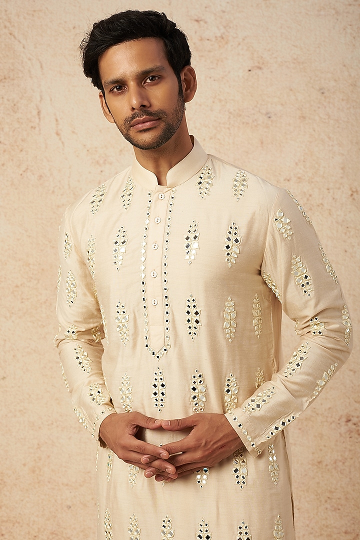 Beige Moonga Silk Embroidered Kurta Set by AMIT ARORA at Pernia's Pop Up Shop