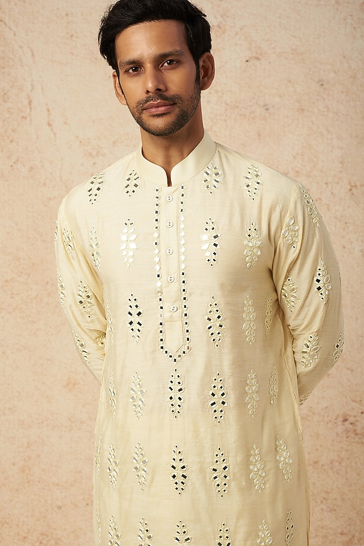 Lemon Yellow Moonga Silk Embroidered Kurta Set by AMIT ARORA at Pernia's Pop Up Shop