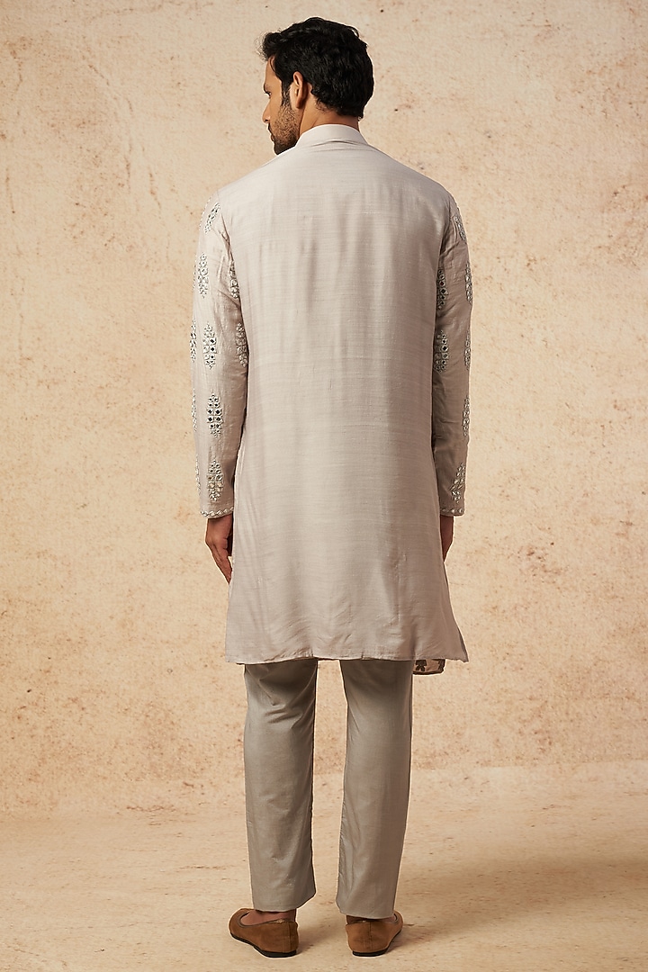Grey Moonga Silk Mirror Hand Embroidered Kurta Set by AMIT ARORA at Pernia's Pop Up Shop