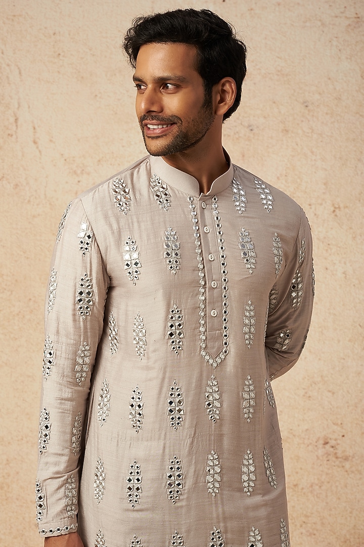 Grey Moonga Silk Mirror Hand Embroidered Kurta Set by AMIT ARORA at Pernia's Pop Up Shop
