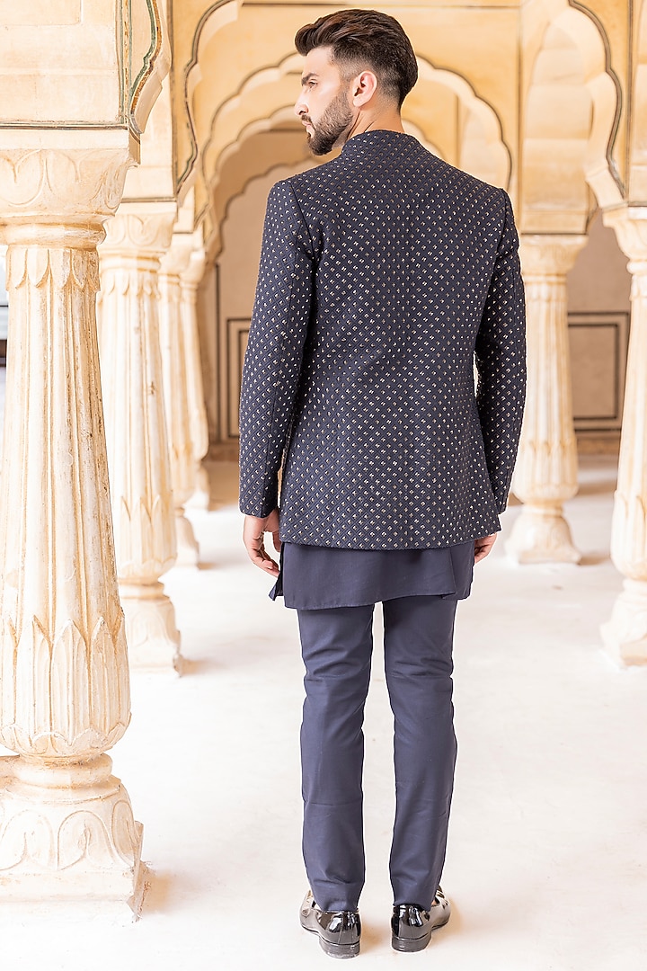 Navy Blue Jacquard Embellished Wedding Indowestern Set by AMIT ARORA at Pernia's Pop Up Shop