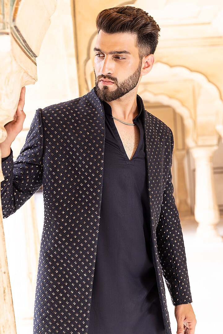 Navy Blue Jacquard Embellished Wedding Indowestern Set by AMIT ARORA at Pernia's Pop Up Shop