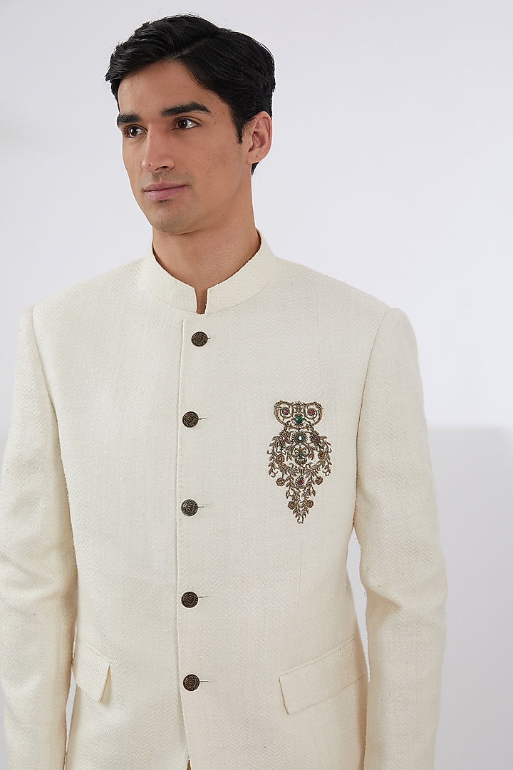 Ivory Silk & Crochet Wedding Indowestern Set by AMIT ARORA at Pernia's Pop Up Shop