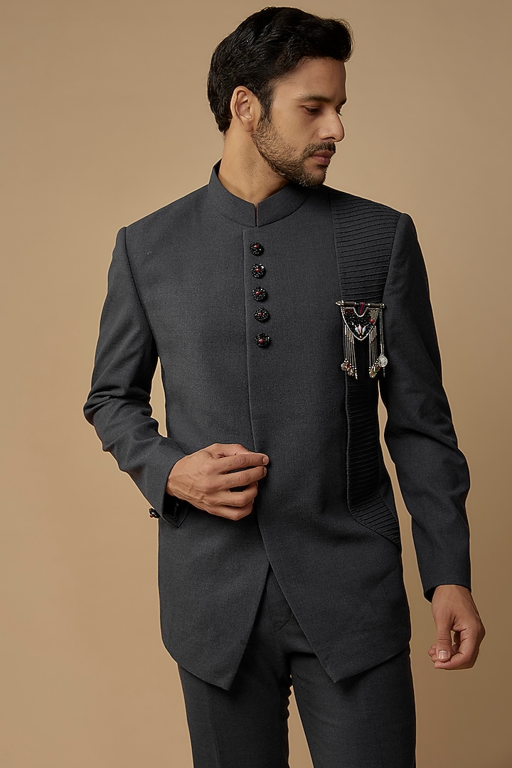 Navy Blue Cotton Lycra Wedding Bandhgala Set by AMIT ARORA at Pernia's Pop Up Shop