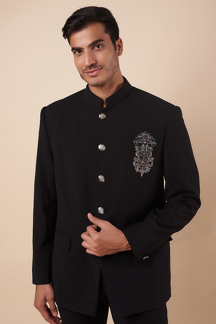 Black Cotton Lycra Wedding Bandhgala Set by AMIT ARORA at Pernia's Pop Up Shop