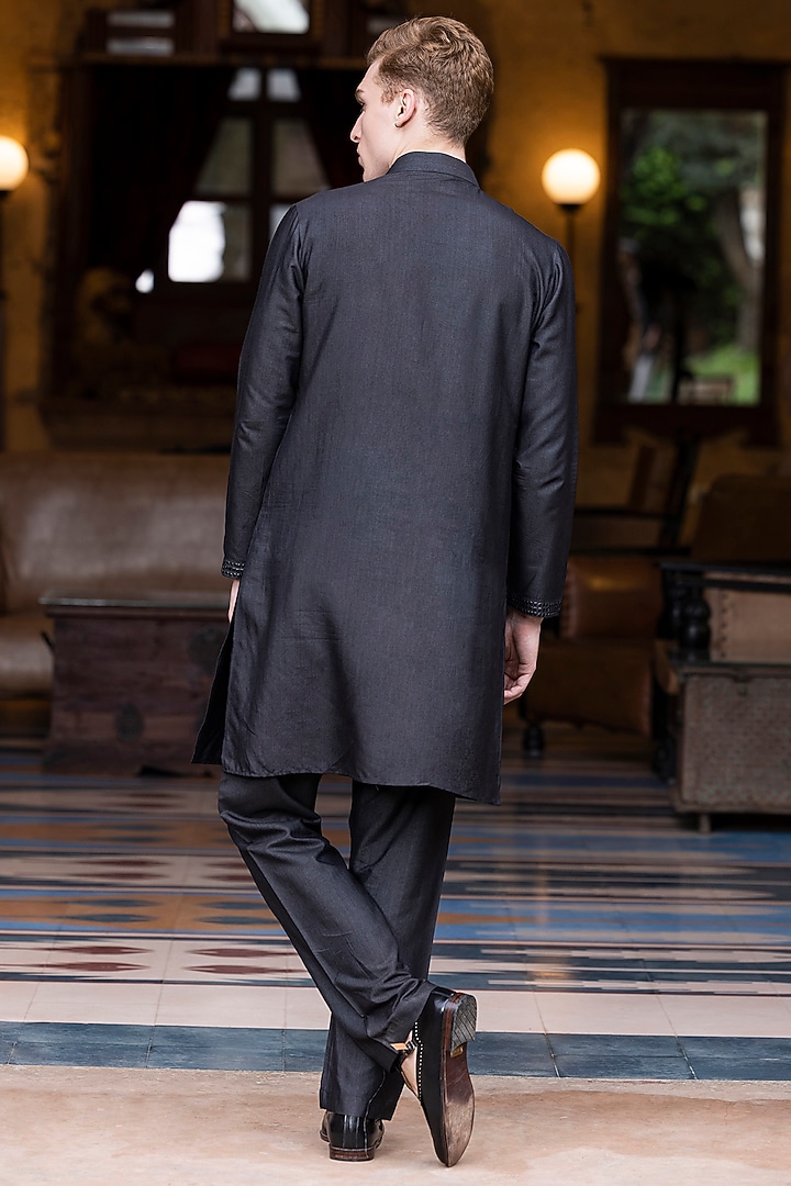 Black Moonga Silk Metal Work Kurta Set by AMIT ARORA at Pernia's Pop Up Shop