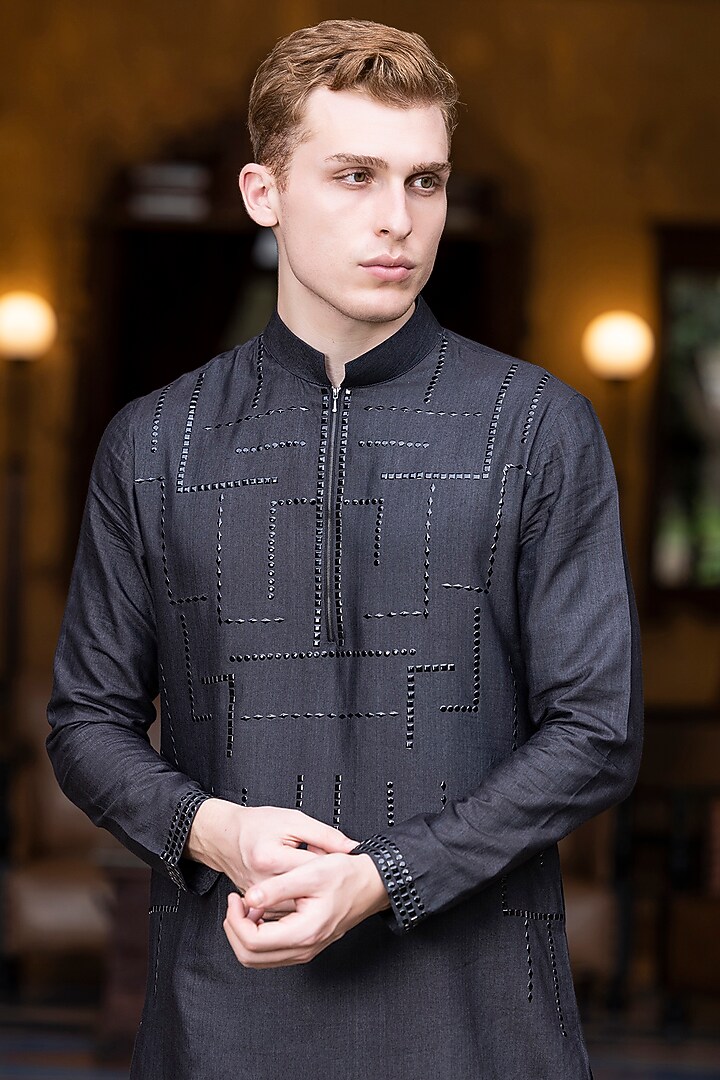 Black Moonga Silk Metal Work Kurta Set by AMIT ARORA at Pernia's Pop Up Shop