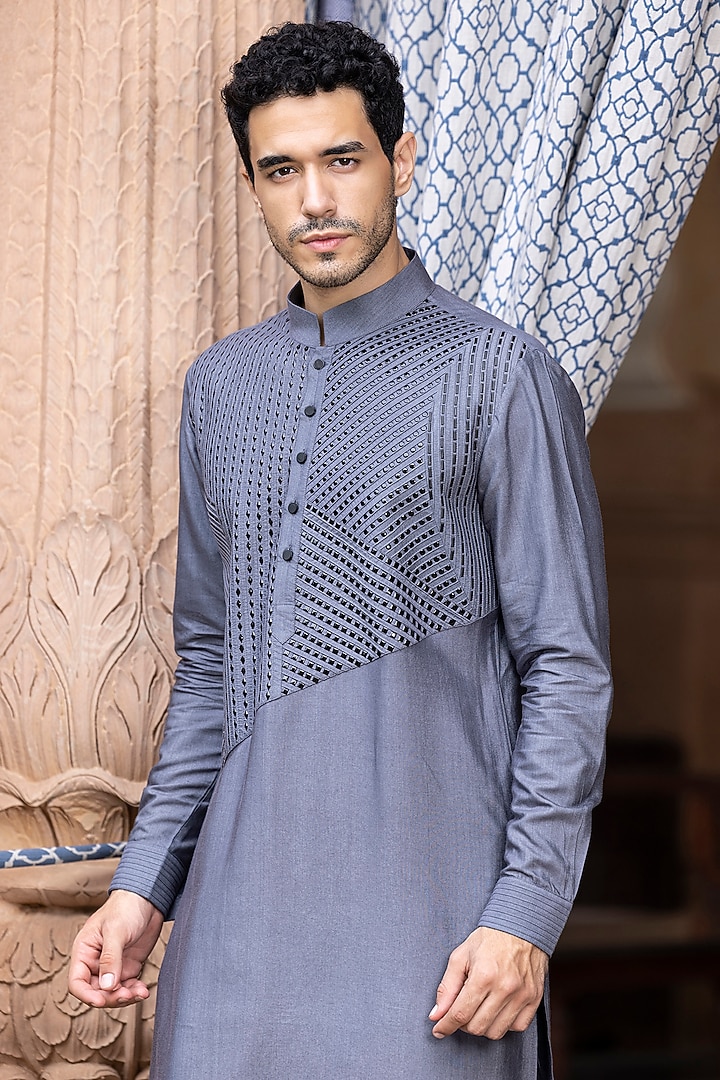 Grey Moonga Silk Metal Work Kurta Set by AMIT ARORA at Pernia's Pop Up Shop