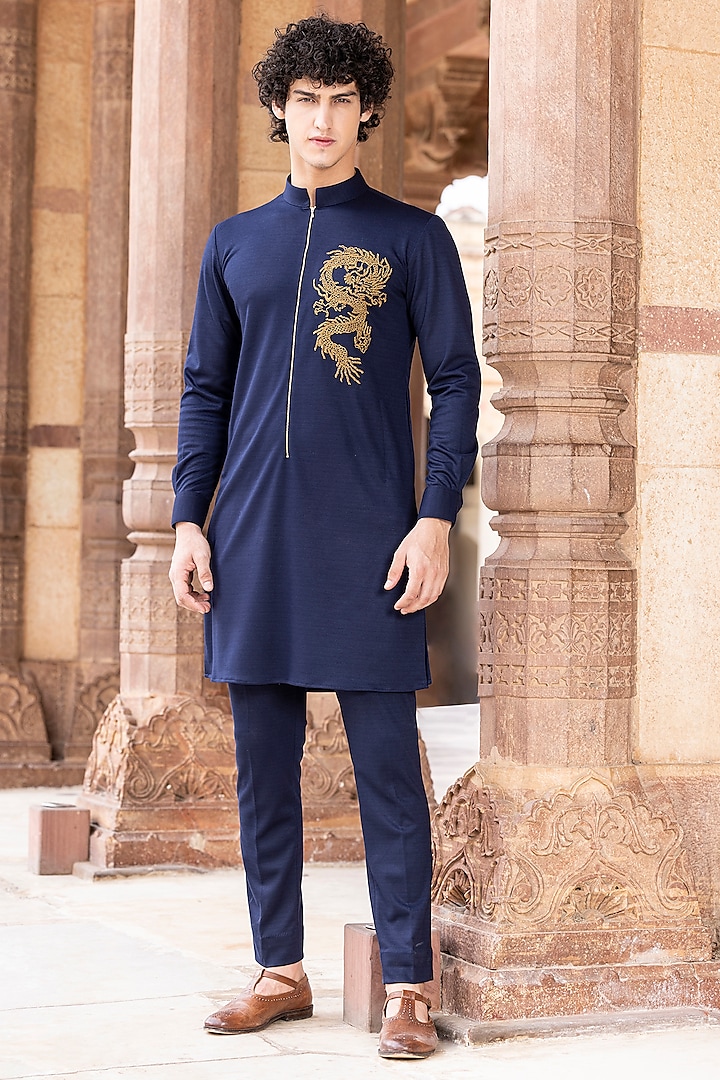 Navy Blue Lycra Knit Hand Embroidered Kurta by AMIT ARORA at Pernia's Pop Up Shop