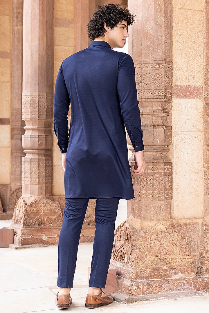 Navy Blue Lycra Knit Hand Embroidered Kurta by AMIT ARORA at Pernia's Pop Up Shop