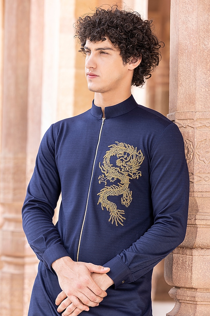 Navy Blue Lycra Knit Hand Embroidered Kurta by AMIT ARORA at Pernia's Pop Up Shop