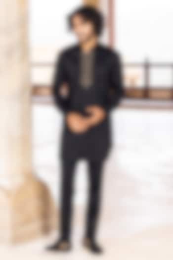 Black Lycra Knit Hand Embroidered Kurta Set by AMIT ARORA at Pernia's Pop Up Shop