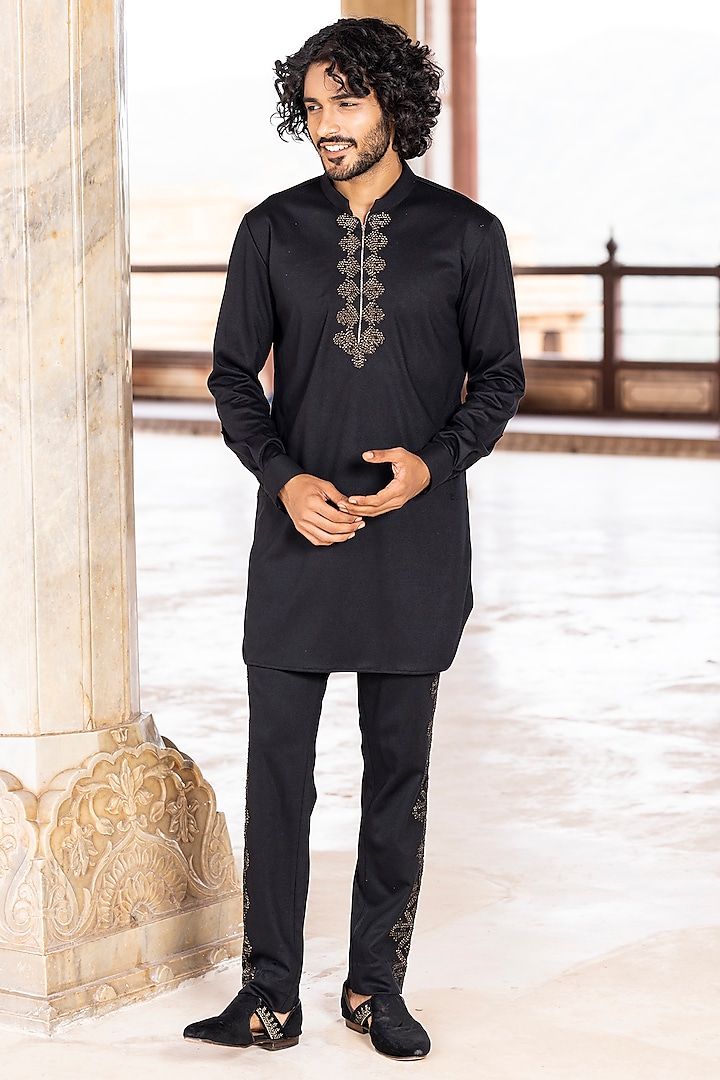 Black Lycra Knit Hand Embroidered Kurta Set by AMIT ARORA at Pernia's Pop Up Shop