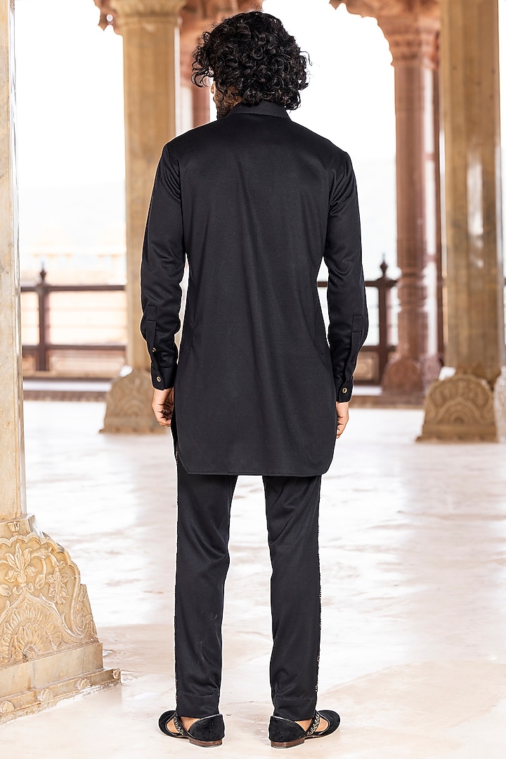 Black Lycra Knit Hand Embroidered Kurta Set by AMIT ARORA at Pernia's Pop Up Shop