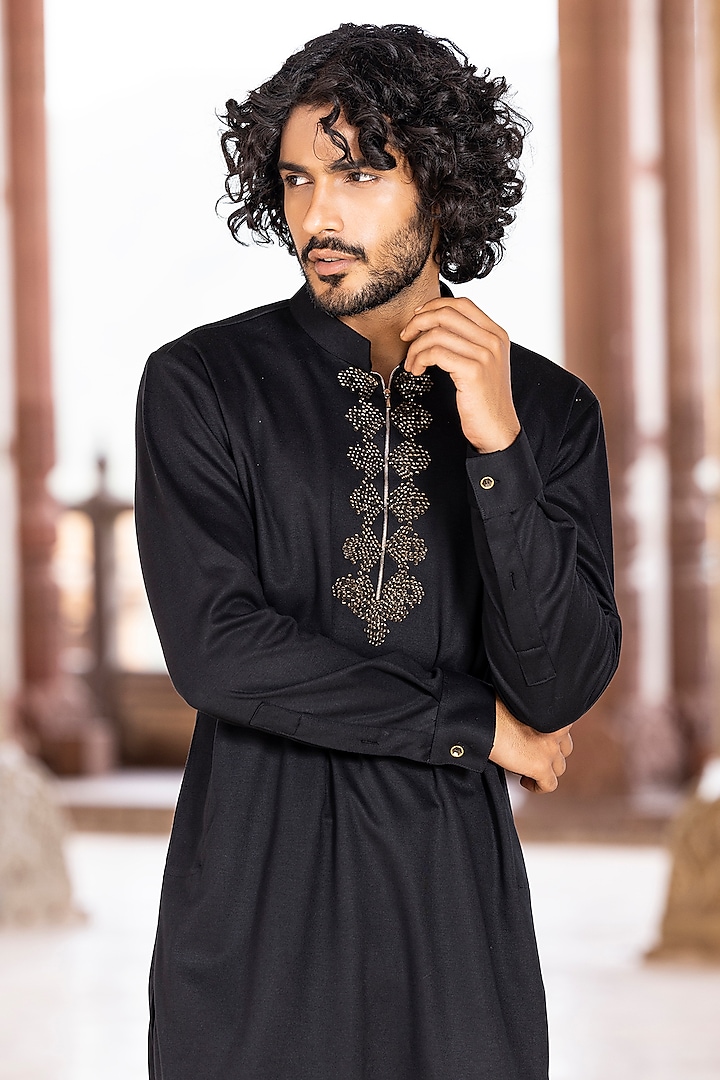 Black Lycra Knit Hand Embroidered Kurta Set by AMIT ARORA at Pernia's Pop Up Shop