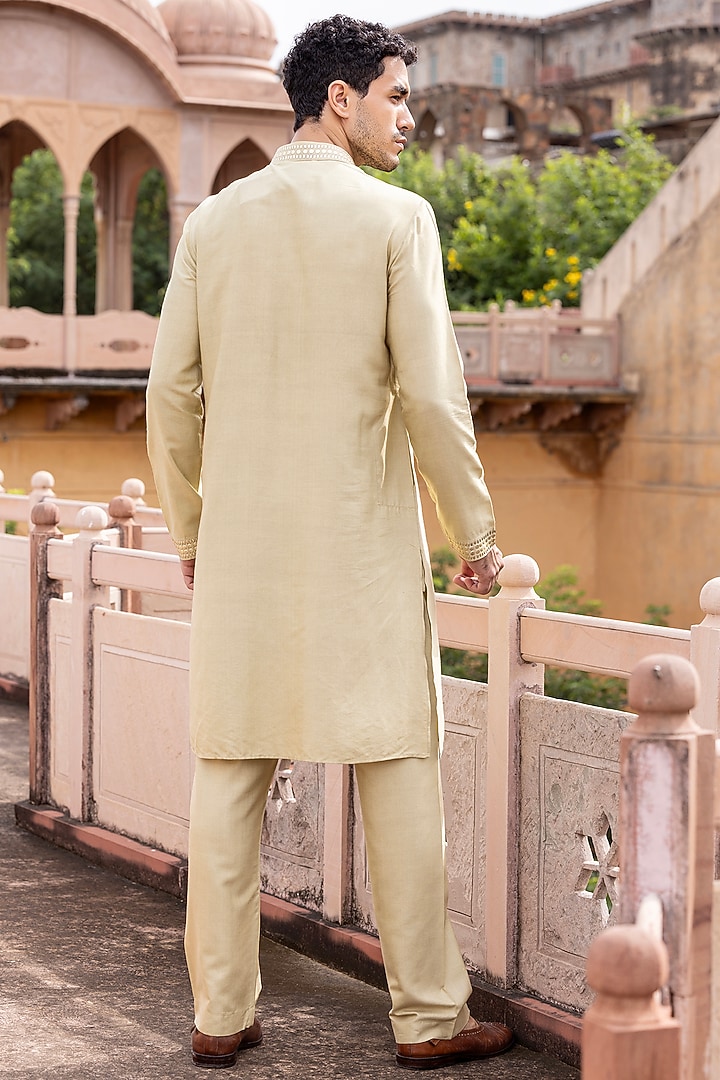 Light Gold Moonga Silk Metal Work Kurta Set by AMIT ARORA at Pernia's Pop Up Shop