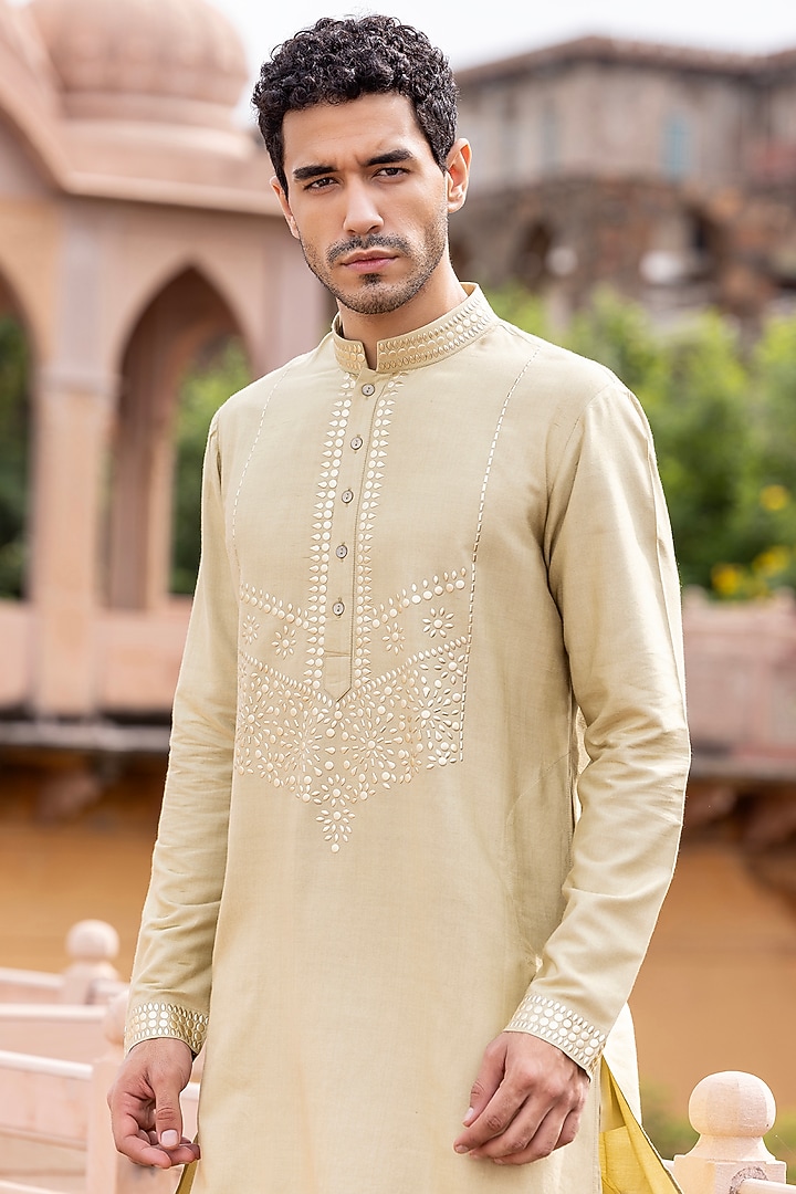 Light Gold Moonga Silk Metal Work Kurta Set by AMIT ARORA at Pernia's Pop Up Shop