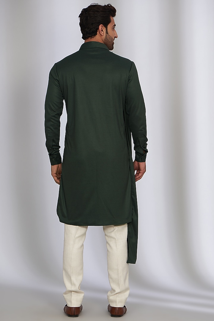 Bottle Green Cotton Knit Motif Hand Embroidered Kurta by AMIT ARORA at Pernia's Pop Up Shop